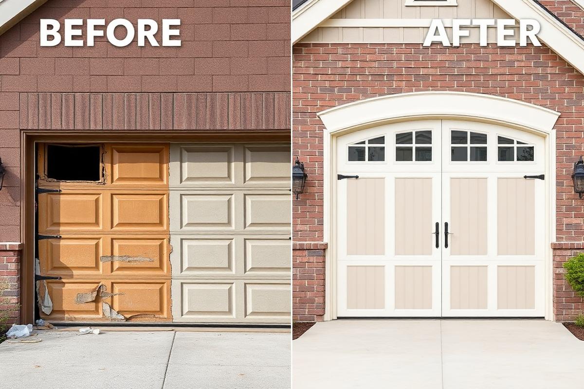 Before and after garage door replacement showing dramatic home improvement